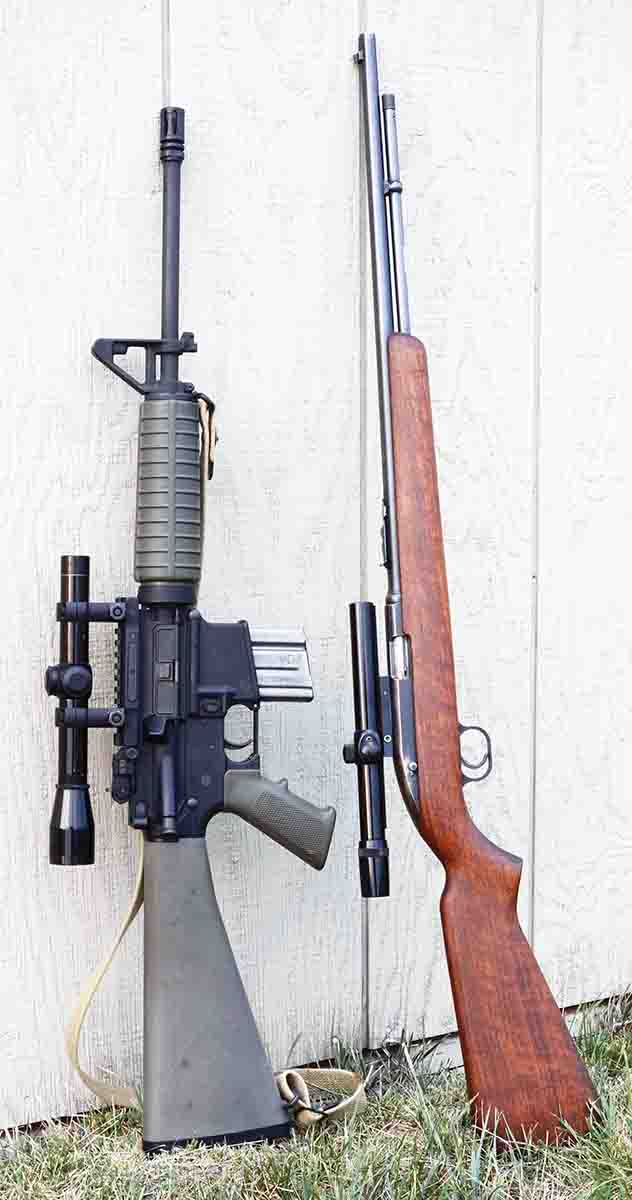 Mike’s two current utility rifles: an Essential Arms AR-15 .223 Remington (left) and a Winchester Model 77 .22 Long Rifle (right).